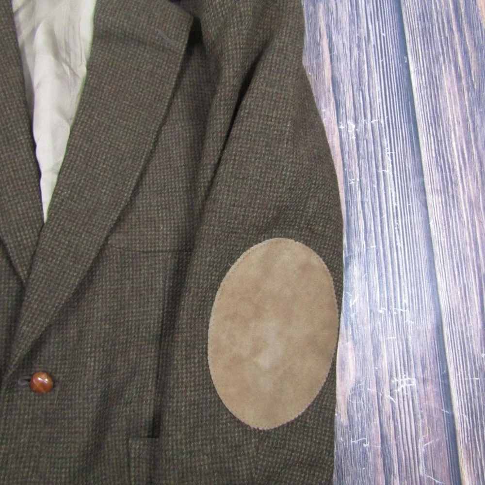 Hunt Valley Sport Coat Mens 42L Brown Wool Tweed Suede Elbow Patches Blazer USA